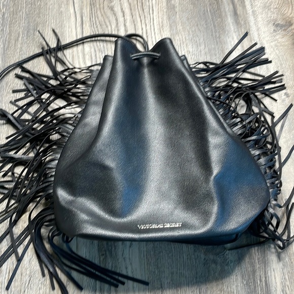 Victoria’s Secret Black Vegan Leather Fringe Drawstring Backpack - Picture 2 of 9